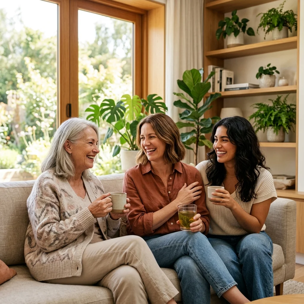 Three generations of smiling women sitting together in a warm, sunlit room, representing care for every stage of life at VeneHealth in Orlando